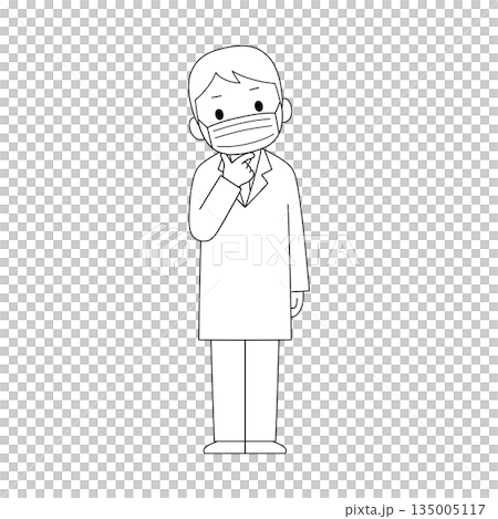 A black and white line drawing of a male medical worker wearing a white coat and a mask, thinking with his hand on his chin A black and white line drawing of a male medical worker wearing a white coat and a mask, thinking with his hand on his chin 135005117