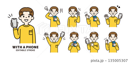 スマートフォンを持つ若い男性・学生の様々な表情・ポーズセット_ベクターイラスト素材_カラー スマートフォンを持つ若い男性・学生の様々な表情・ポーズセット_ベクターイラスト素材_カラー 135005307
