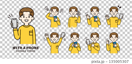 Various facial expressions and poses of young men and students holding smartphones_Vector illustration material_Color Various facial expressions and poses of young men and students holding smartphones_Vector illustration material_Color 135005307