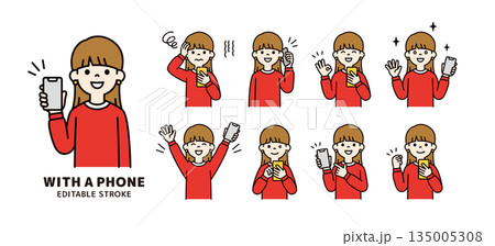 スマートフォンを持つ若い女性・学生の様々な表情・ポーズセット＿ベクターイラスト素材＿カラー 135005308