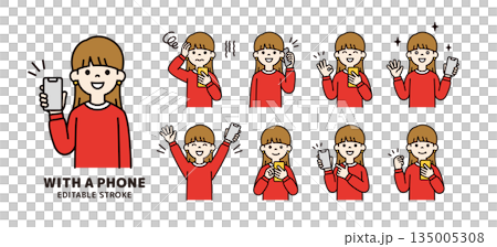 年輕女性和學生手持智慧型手機的各種面部表情和姿勢_向量圖素材_彩色 135005308