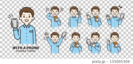 Various facial expressions and poses of men in their 20s and 30s holding smartphones_Vector illustration material_Color Various facial expressions and poses of men in their 20s and 30s holding smartphones_Vector illustration material_Color 135005309