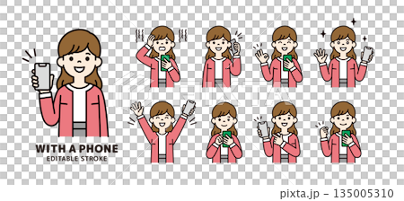 Various facial expressions and poses of women in their 20s and 30s holding smartphones_Vector illustration material_Color 135005310