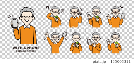 Various facial expressions and poses of middle-aged and elderly men holding smartphones_Vector illustration material_Color 135005311
