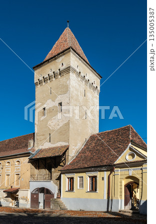 Medieval Trumpeters Tower and Fortress Walls in Medias Transylvania Romania 135005387