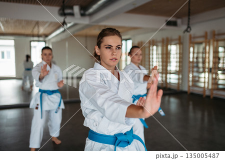 Focused female karate fighters practicing punch technique. 135005487