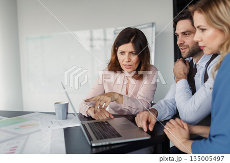 Group of coworkers discussing project strategy. Group of coworkers discussing project strategy. 135005497