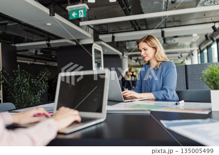 Female colleagues working on project documents in modern office. Female colleagues working on project documents in modern office. 135005499
