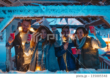 New Year celebration with friends in mountain cabin. New Year celebration with friends in mountain cabin. 135005548