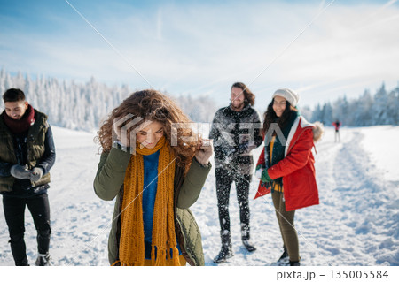 Group of friends enjoying winter time in snowy nature. Group of friends enjoying winter time in snowy nature. 135005584