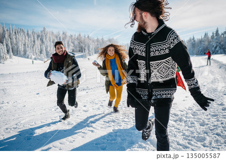 Group of friends enjoying winter time in snowy nature. Group of friends enjoying winter time in snowy nature. 135005587