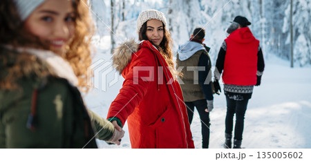Friends walking through winter forest in snowy landscape. Friends walking through winter forest in snowy landscape. 135005602