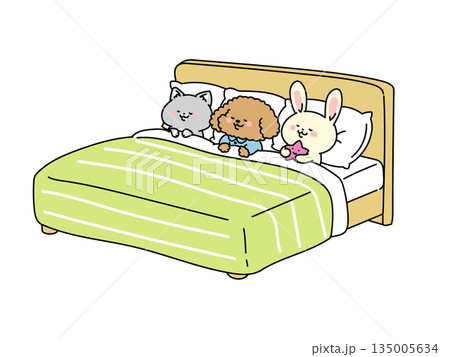 ベッドで眠るかわいい動物達のイラスト 135005634
