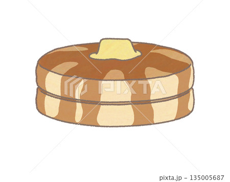 ホットケーキを2つ重ねてバターとシロップがかかっているイラスト ホットケーキを2つ重ねてバターとシロップがかかっているイラスト 135005687