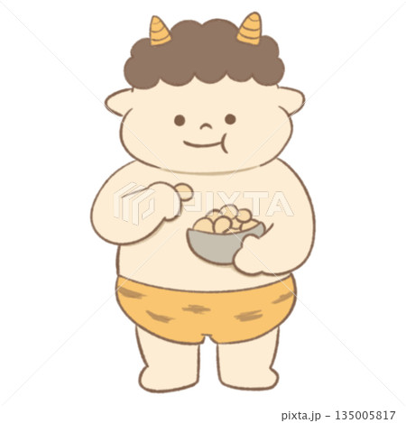 豆を食べるかわいい鬼のイラスト｜節分・日本の行事素材 135005817