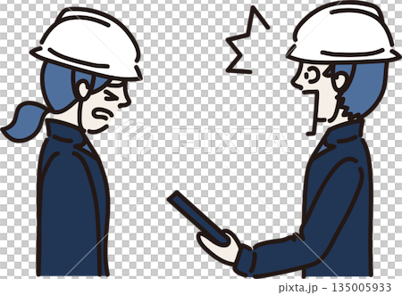向き合って話しをする男女作業員のイラスト 驚く 向き合って話しをする男女作業員のイラスト 驚く 135005933