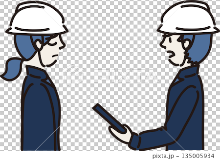 向き合って話しをする男女作業員のイラスト 指導、叱咤 向き合って話しをする男女作業員のイラスト 指導、叱咤 135005934