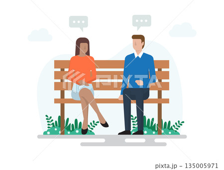 Young Couple Sitting on Wooden Bench and Talking Cartoon Vector Illustration Young Couple Sitting on Wooden Bench and Talking Cartoon Vector Illustration 135005971