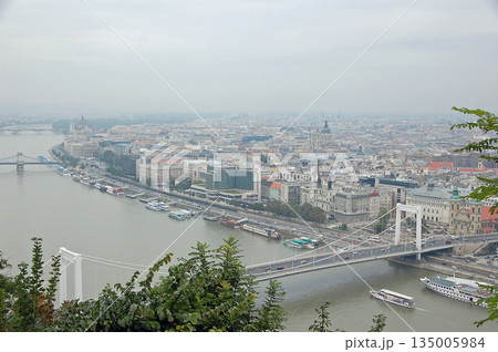 ハンガリー ゲッレールトの丘から眺めるドナウ川・エルジェーベト橋(曇天) ハンガリー ゲッレールトの丘から眺めるドナウ川・エルジェーベト橋(曇天) 135005984