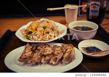 Nov 23 2025 Gyoza Dumplings With Fried Rice, Soup, and Soy Sauce Served Nov 23 2025 Gyoza Dumplings With Fried Rice, Soup, and Soy Sauce Served 135006088