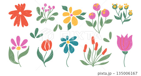 Crayon doodle flowers set isolated on white 135006167