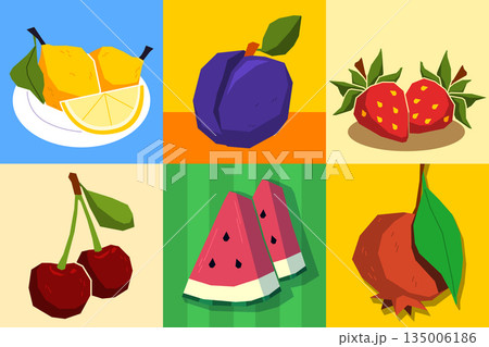 Vintage fruit stickers on color background Vintage fruit stickers on color background 135006186