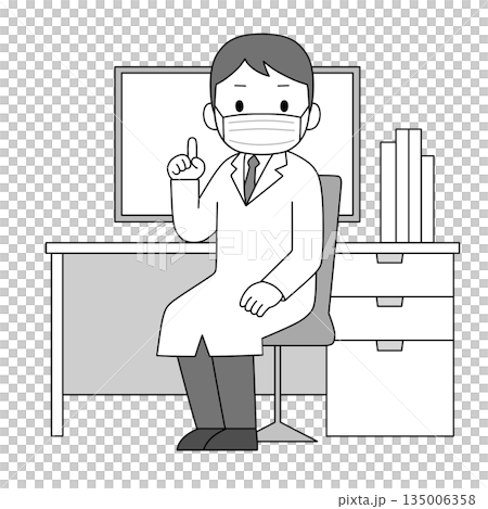 一幅單色插圖，描繪了一位身穿白大褂、戴著口罩的男性醫務人員，他站在辦公桌前，豎起一根手指，正在講解。 135006358