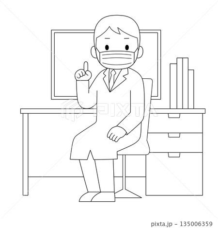 マスクをした白衣の男性医療従事者が指を一本立てて机の前で説明する白黒線画イラスト 135006359
