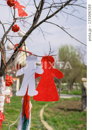 Felt Martenitsa figures shaped as boy and girl hanging on tree branch for spring tradition. Concept of unity, folklore identity, cultural symbolism 135006389