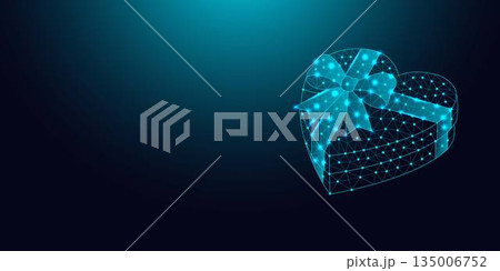 Low poly wireframe heart shaped gift box with bow on dark blue background. Low poly wireframe heart shaped gift box with bow on dark blue background. 135006752