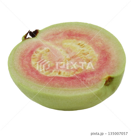 Guavas with a bright green exterior fruit have red flesh inside, isolated on a white background Guavas with a bright green exterior fruit have red flesh inside, isolated on a white background 135007057