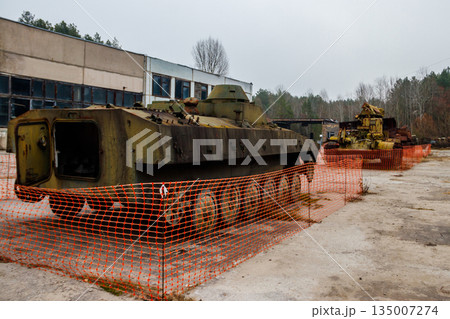 Old rusty abandoned military vehicle in Chernobyl exclusion zone, Ukraine Old rusty abandoned military vehicle in Chernobyl exclusion zone, Ukraine 135007274