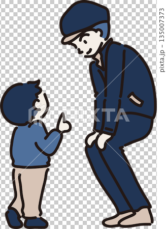 子どもの話を聞く帽子をかぶった作業員のイラスト　紺の制服 135007373