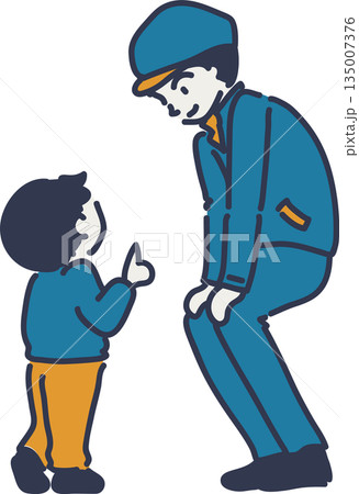 子どもの話を聞く帽子をかぶった作業員のイラスト　青い制服 135007376