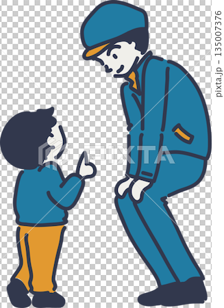 子どもの話を聞く帽子をかぶった作業員のイラスト　青い制服 135007376