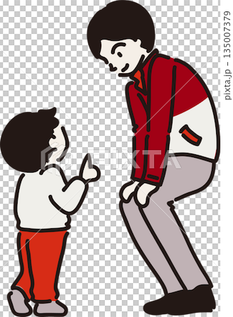 Illustration of a worker in a red uniform listening to a child's story 135007379