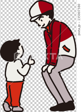 Illustration of a worker wearing a hat and red uniform listening to a child's story Illustration of a worker wearing a hat and red uniform listening to a child's story 135007380