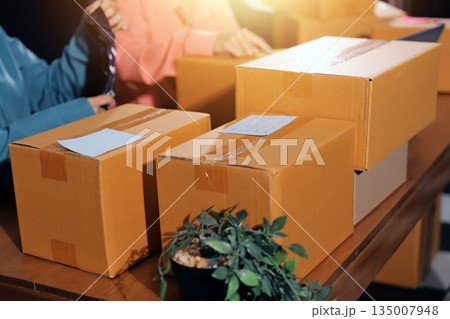Startup SME small business entrepreneur of freelance Asian woman wearing apron using laptop and box to receive and review orders online to prepare to pack sell to customers, online sme business ideas. 135007948