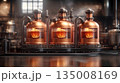 Copper Distillery Equipment with Glowing Liquid and Rising Steam 135008169