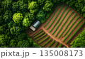 Aerial View of Lush Green Farm with Greenhouse and Planted Rows 135008173