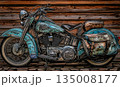Vintage Turquoise Motorcycle Against Rustic Wood 135008177