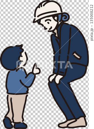 子どもの話を聞くヘルメットをかぶった女性作業員のイラスト　紺の制服 135008212