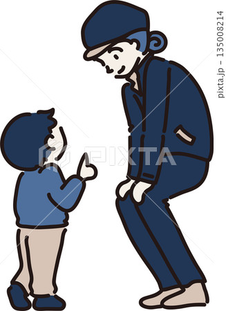 子どもの話を聞く帽子をかぶった女性作業員のイラスト 紺の制服 子どもの話を聞く帽子をかぶった女性作業員のイラスト 紺の制服 135008214