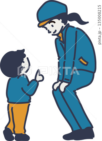 子どもの話を聞く帽子をかぶった女性作業員のイラスト 青い制服 子どもの話を聞く帽子をかぶった女性作業員のイラスト 青い制服 135008215