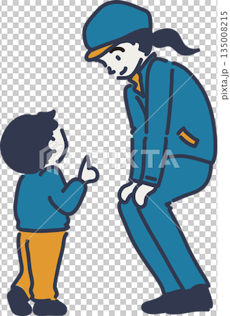 子どもの話を聞く帽子をかぶった女性作業員のイラスト 青い制服 子どもの話を聞く帽子をかぶった女性作業員のイラスト 青い制服 135008215