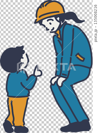 Illustration of a female worker wearing a helmet listening to a child's story in a blue uniform Illustration of a female worker wearing a helmet listening to a child's story in a blue uniform 135008216