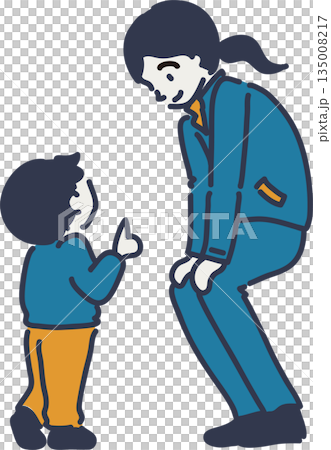 Illustration of a female worker in a blue uniform listening to a child's story 135008217