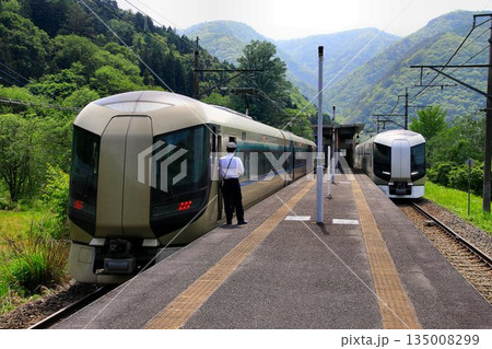 初夏の奥鬼怒…中三依温泉駅にて【特急リバティ会津】500系  135008299