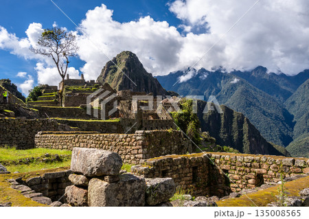 Panoramic view of Machu Picchu ruins with Huayna Picchu in background, Peru 135008565