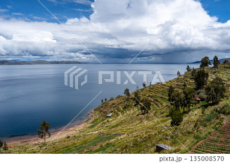 Scenic view of nature and terraced fields on Taquile Island, Peru 135008570